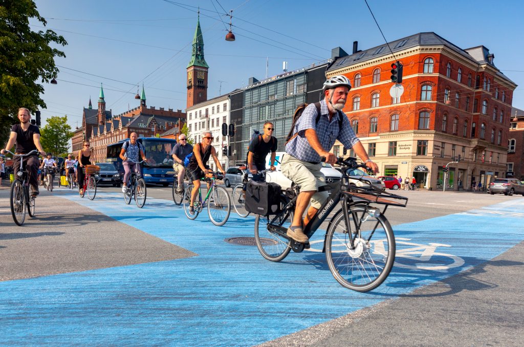 Copenhagen. Cyclists on a city street.