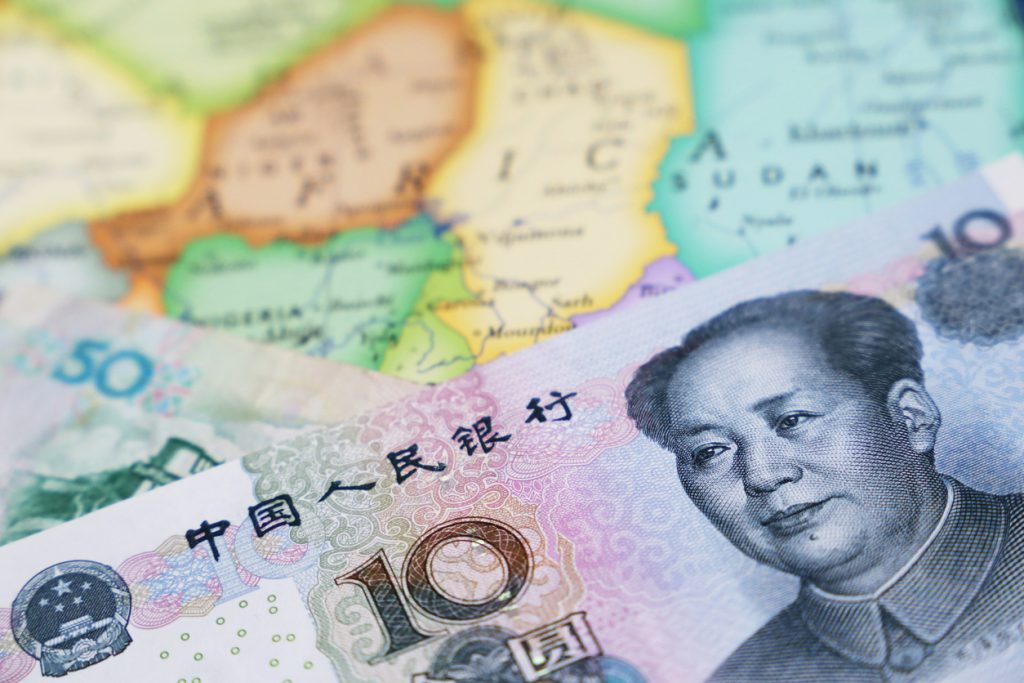 Yuan currency on the map of Africa