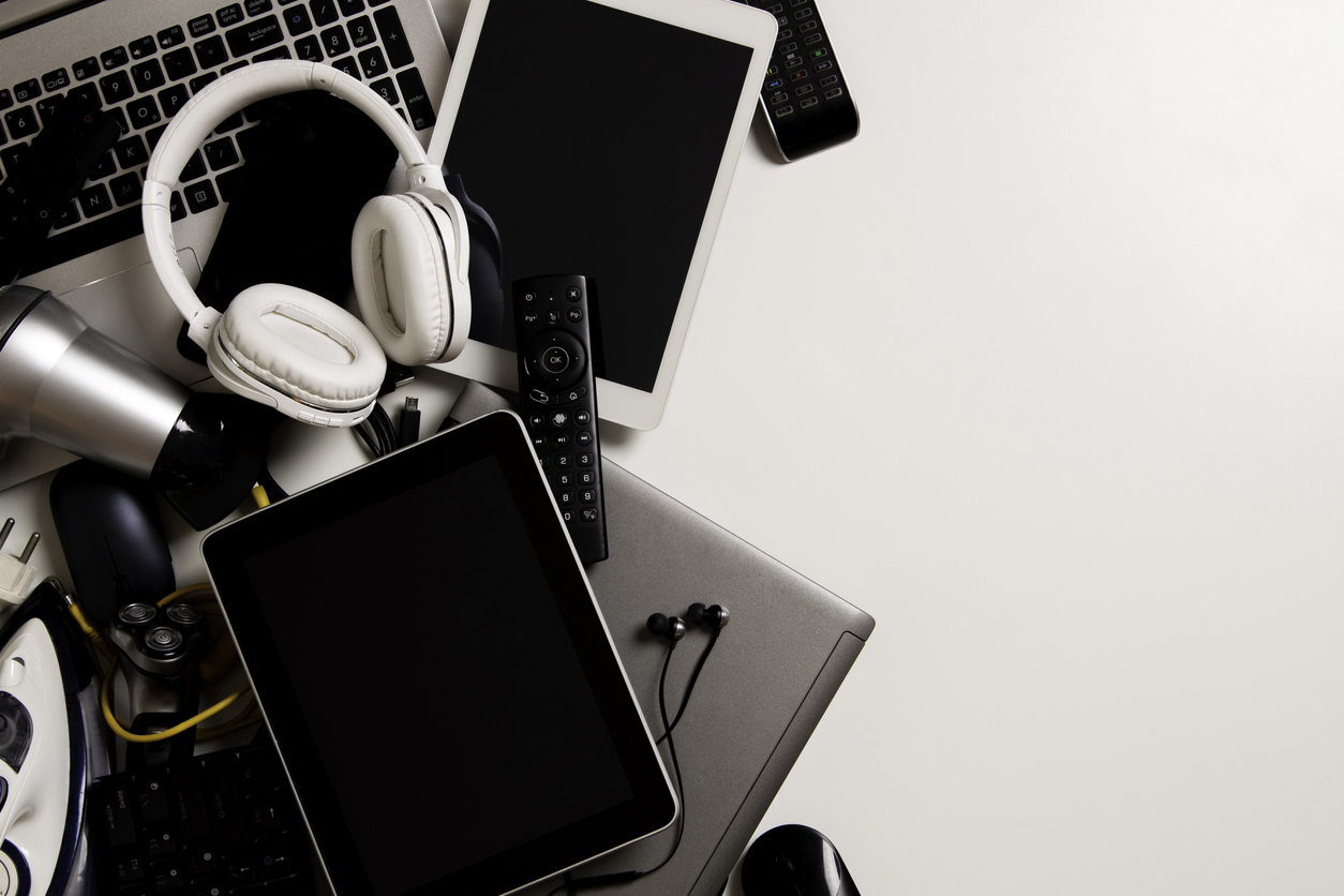 Old computers, digital tablets, mobile phones, many used electronic gadgets devices