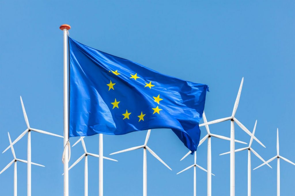 European flag and wind turbines