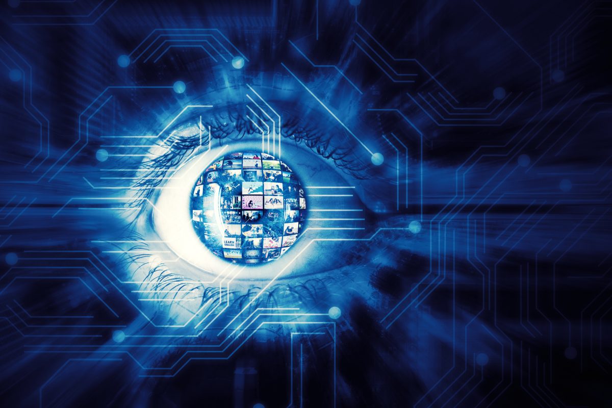 Chip-Eye-see Close up of eye with small screens and technology background