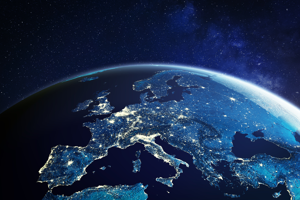 Europe from space at night with city lights showing European cities in Germany, France, Spain, Italy and United Kingdom (UK), global overview, 3d rendering of planet Earth, elements from NASA Europe from space at night with city lights showing European cities in Germany, France, Spain, Italy and United Kingdom (UK), global overview, 3d rendering of planet Earth, elements from NASA